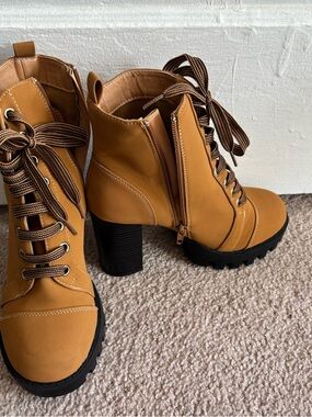 Charlotte Russe Tan Lace-Up Chunky Heel Ankle Boots
